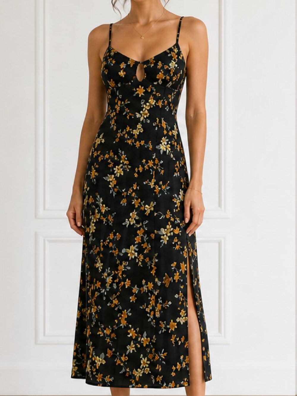 Black Floral Slip Dress with Keyhole Front